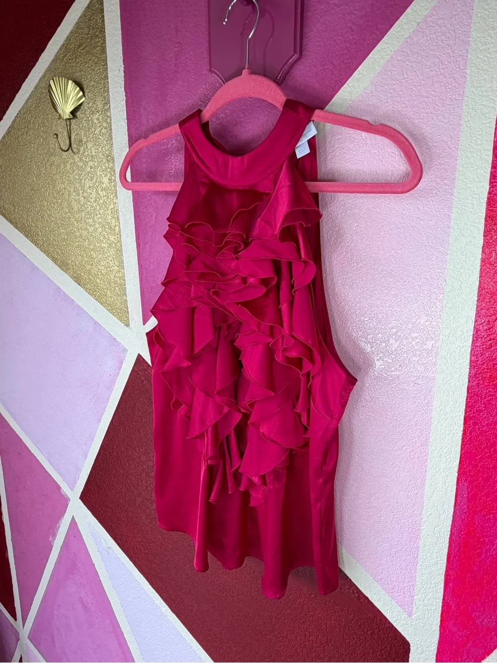 New York & Company Magenta Ruffle Front Halter Blouse sz L - Picture 3 of 10